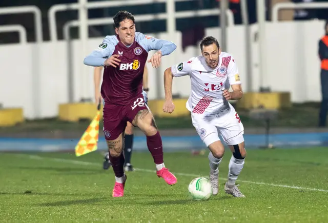 Nicolo Zaniolo of Aston Villa and Kerim Memija of Zrinjski challenge for the ball