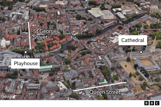 Aerial images show points where Gaynor Lord was seen in Norwich City centre