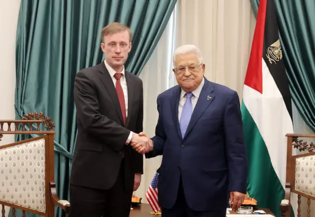 Jake Sullivan shaking hands with Palestinian Authority President Mahmoud Abbas