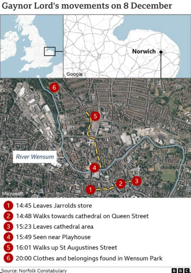 Map of the places where Gaynor Lord was seen last Friday