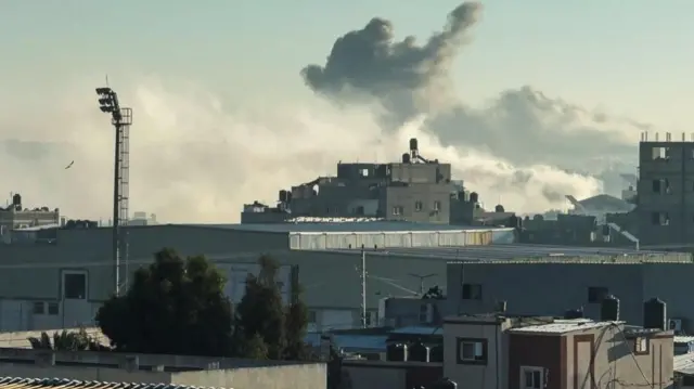 Smoke rises above Khan Younis this morning 15 December