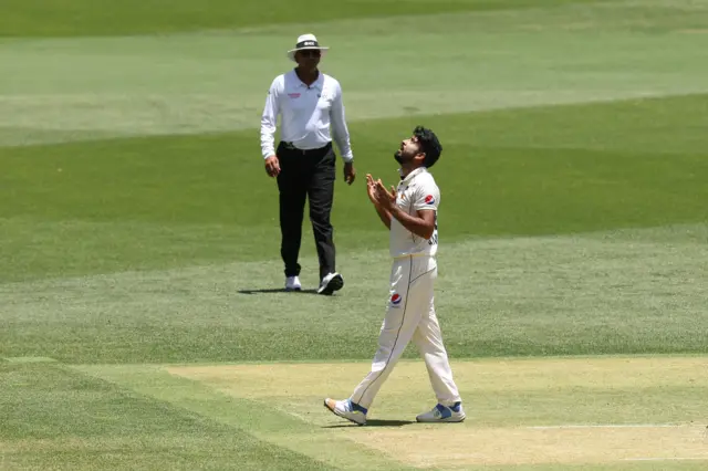 Pakistan fast bowler Aamer Jamal celebrates against Australia, having taken figures of 6-111 on debut in Perth