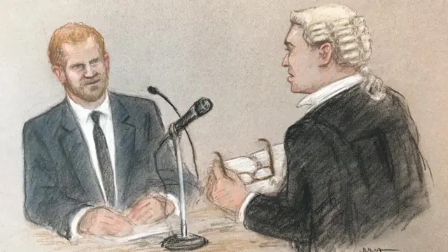 Court sketch of Andrew Green KC, the barrister representing MGN cross-examining Prince Harry.