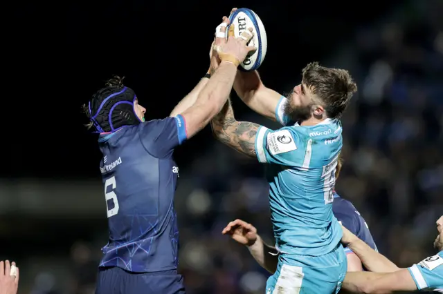 Leinster's Ryan Baird and Rouban Birch contest the high ball at the RDS