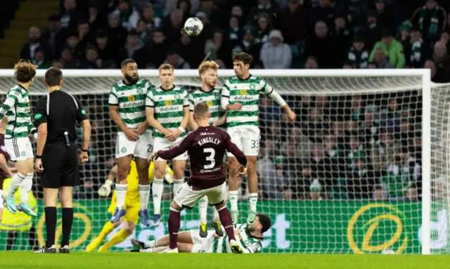 Stephen Kingsley scores a free-kick for Hearts against Celtic