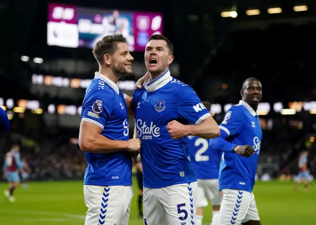 Everton's Michael Keane celebrates scoring his sides second goal with team mate James Tarkowski