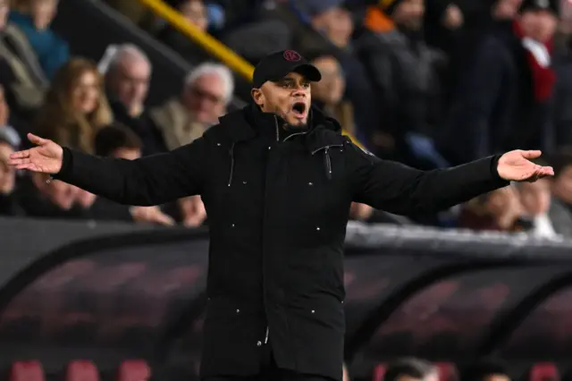 Burnley's Belgian manager Vincent Kompany gestures on the touchline