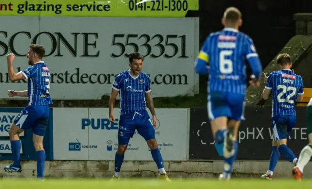 Graham Carey celebrates netting the winner at McDiarmid Park.