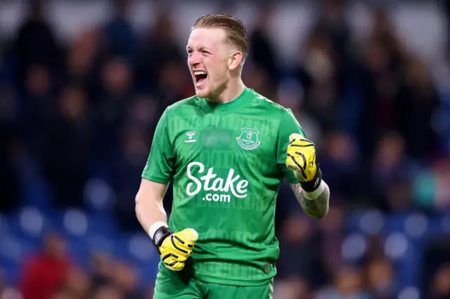 Jordan Pickford of Everton celebrates after the team's victory during the Premier League match between Burnley FC and Everton FC