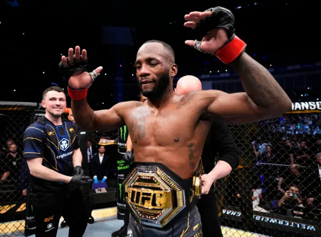 Leon Edwards has the UFC welterweight title put around his waist