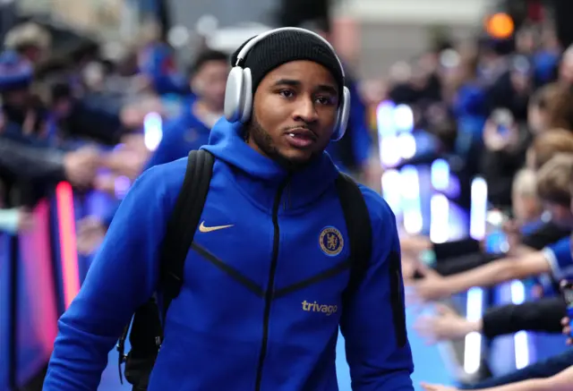 Chelsea's Christopher Nkunku greets the fans prior to the Premier League match at Stamford Bridge