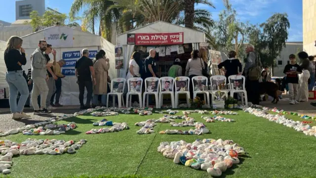 People gathering outside the Tel Aviv Museum of Art in what is now known as Hostages Square