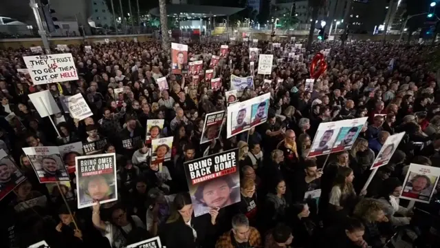 Large crowds including relatives of hostages held by Hamas in Gaza are taking part in a rally in Tel Aviv demanding that the Israeli government do more to free them