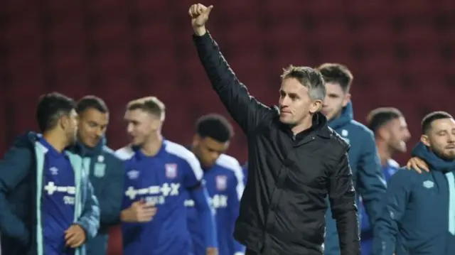 Kieran McKenna gives his thumbs up to Ipswich fans