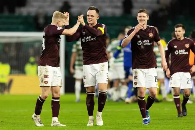 Hearts celebrate a famous win at Celtic Park