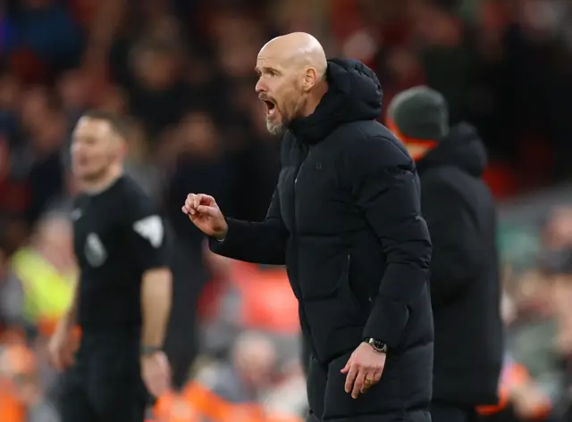 Manchester United manager Erik ten Hag reacts