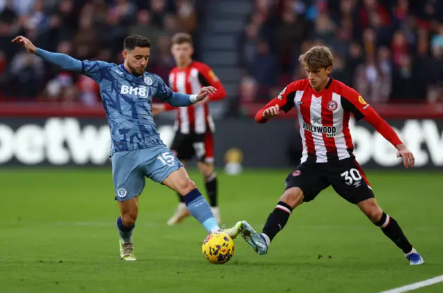 Aston Villa's Alex Moreno in action with Brentford's Mads Roerslev