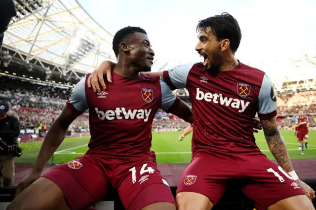 Mohammed Kudus of West Ham United celebrates with Lucas Paqueta of West Ham United