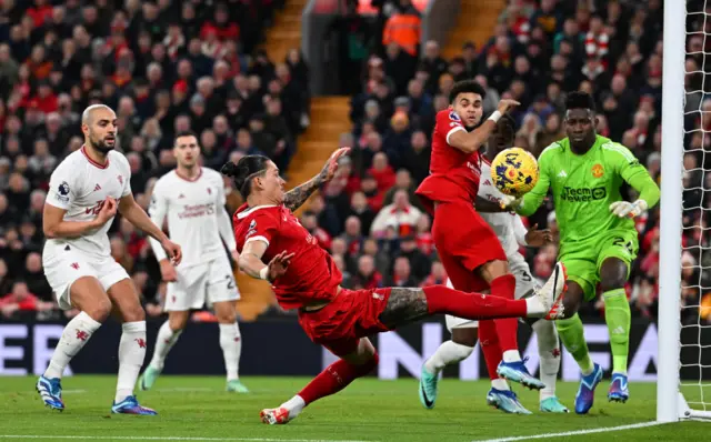 Darwin Nunez of Liverpool in action during the Premier League match between Liverpool FC and Manchester United