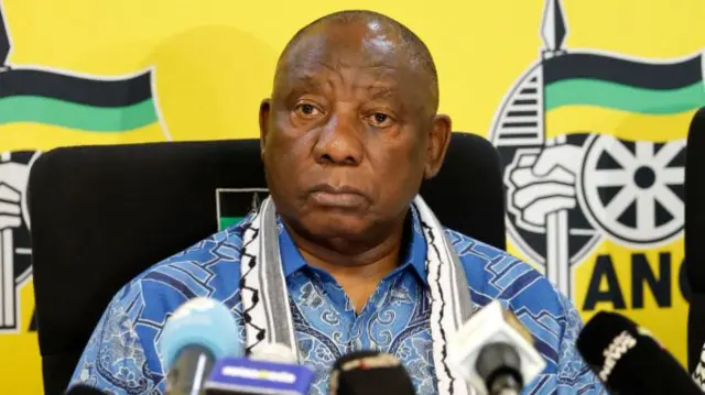 South African President and president of the African National Congress (ANC) Cyril Ramaphosa speaks during a joint press conference with United Ulama Councel and the South African Friends of Palestine at Chief Albert Luthuli House in Johannesburg on December 18, 2023