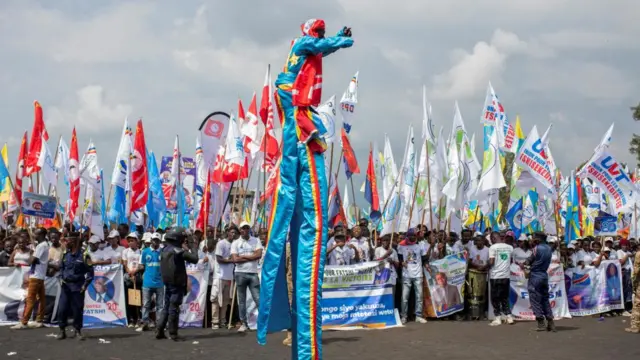 Union for Democracy and Social Progress (UDPS) party supporters gather as they wait for the arrival of Democratic Republic of the Congo's President Felix Tshisekedi for a campaign rally at the Afia stadium in Goma, North Kivu province of the Democratic Republic of Congo December 10, 2023.