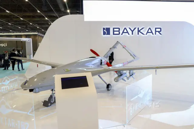 Tactical Armed / UAV System developed by BAYKAR "Bayraktar TB2" is seen during the SAHA EXPO Defense, Aviation and Space Industry Fair in Istanbul, Turkiye on October 26, 2022