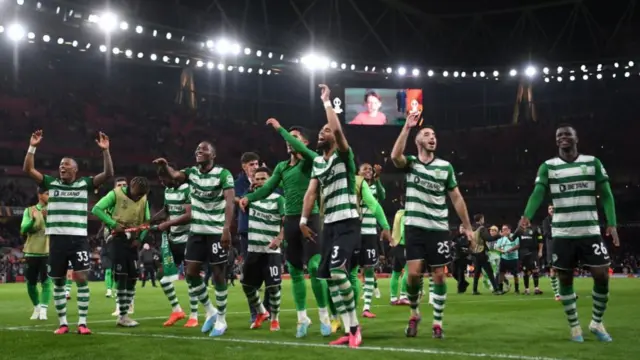 Sporting Lisbon celebrate beating Arsenal in the last-16 of the Europa League