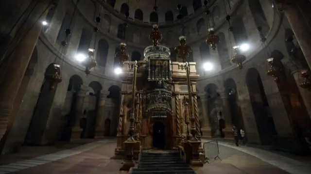 The Church of the Holy Sepulchre in Jerusalem's Old City looks empty from pilgrims ahead of the Christmas holidays, amid the ongoing Israel-Hamas conflict