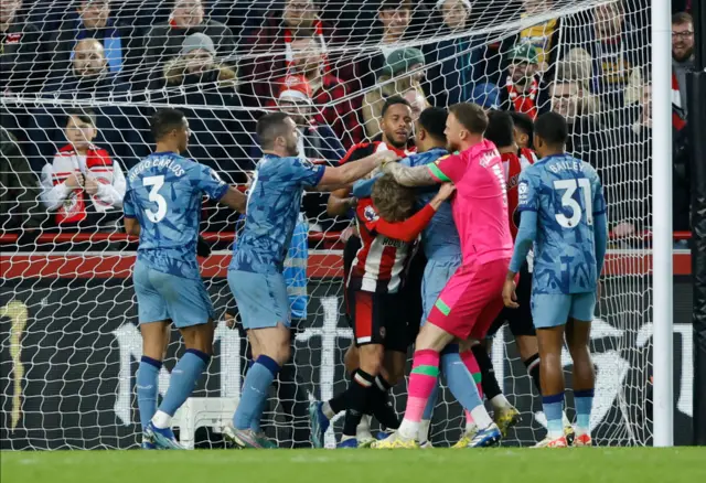 Brentford and Aston Villa players scuffle