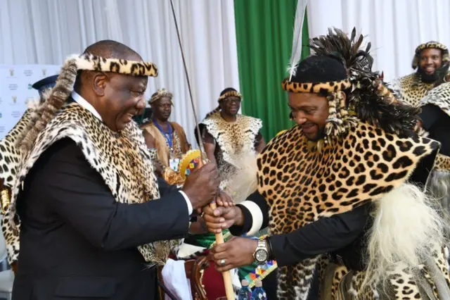 King Misuzulu kaZwelithini (R) and South African President Cyril Ramaphosa (L) attend the coronation ceremony of South Africaâs new Zulu king in Durban, South Africa on October 29, 2022.