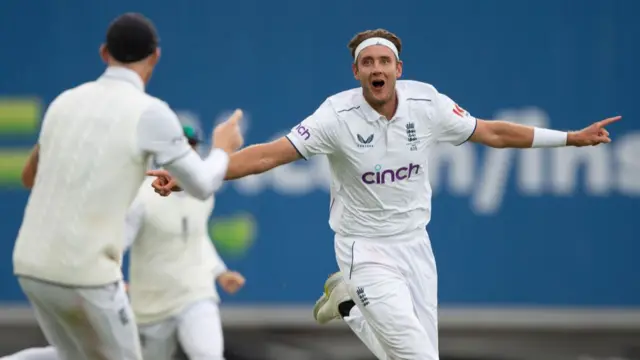 Stuart Broad of England celebrates taking a wicket in the Ashes fifth Test Match