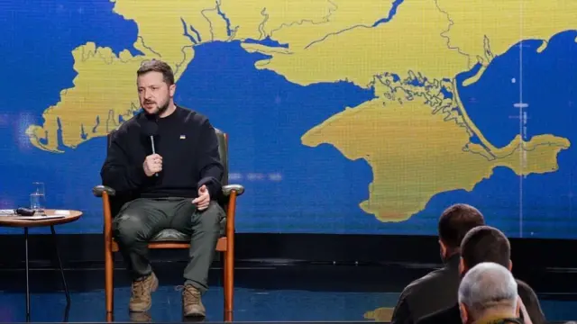 Ukrainian President Volodymyr Zelensky responds to questions from journalists during a press conference in Kyiv (Kiev), Ukraine, 19 December 2023. Zelensky spoke with the media during his year-end press conference amid the Russian invasion.