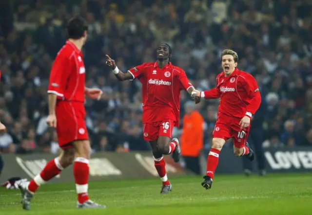 Joseph-Desire Job of Middlesbrough celebrates with Juninho after scoring