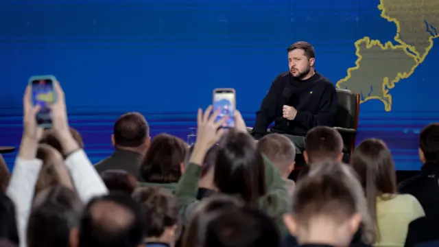 Ukrainian President Volodymyr Zelensky responds to questions from journalists during a press conference in Kyiv (Kiev), Ukraine, 19 December 2023. Zelensky spoke with the media during his year-end press conference amid the Russian invasion.