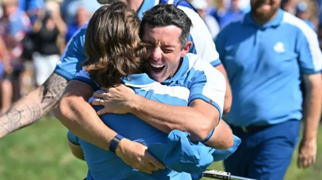 Rory McIlroy celebrates at the Ryder Cup