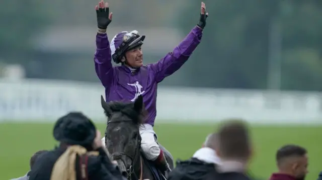 Frankie Dettori after riding King Of Steel to victory in The Qipco Champion Stakes at Ascot Racecourse