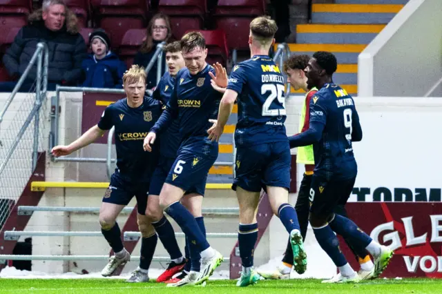 Dundee’s Lyall Cameron celebrates scoring to make it 1-1 during a cinch Premiership match between Motherwell and Dundee at Fir Park