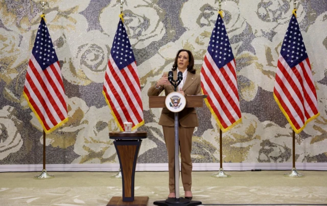 US Vice-President Kamala Harris delivers remarks during a press conference held on the sidelines of COP28 in Dubai, 2 December 2023