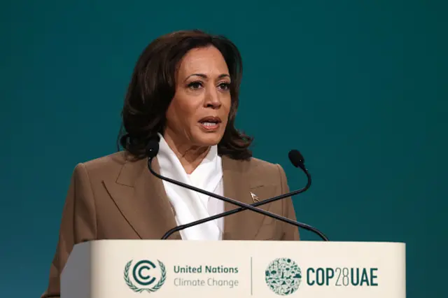 US Vice President Kamala Harris speaks at a high-level segment of the COP28 in Dubai, 2 December 2023