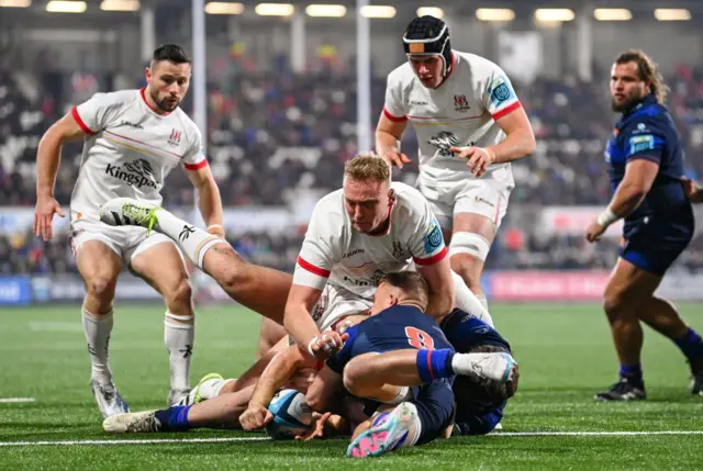 Ulster's Tom Stewart scores the opening try in the game v Edinburgh