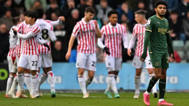 Stoke celebrate scoring at Plymouth