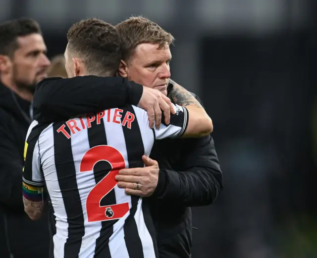 Kieran Trippier and Eddie Howe share an embrace