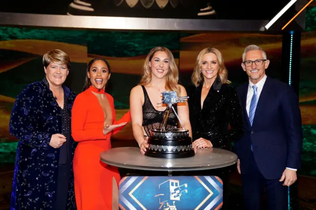 Mary Earps (centre) poses with the trophy after winning BBC Sports Personality of the Year alongside presenters Clare Balding (left), Alex Scott (second left), Gabby Logan (second right) and Gary Lineker