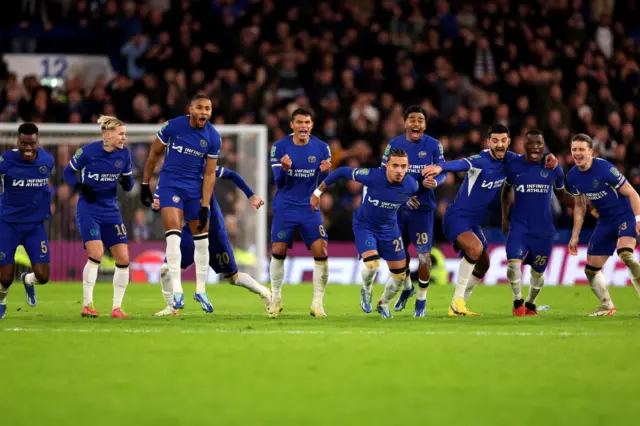 Chelsea players after winning penalty shootout against Newcastle