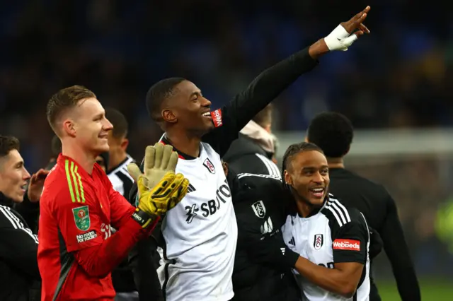 Tosin Adarabioyo of Fulham celebrates during the Carabao Cup Quarter Final match between Everton and Fulham at Goodison Park on December 19, 2023 in Liverpool, England.