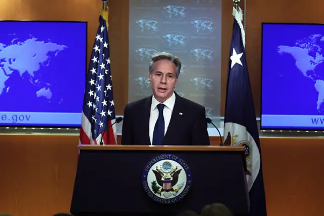 Antony Blinken speaks during a news conference at the State Department