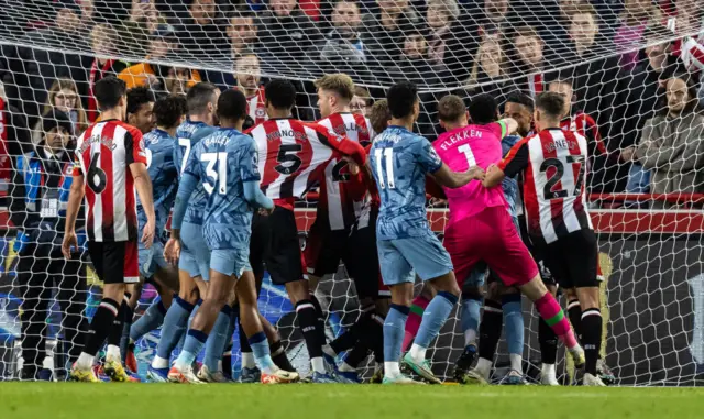 Tempers flare after Aston Villa score their second goal through Ollie Watkins (#11) during the Premier League match between Brentford FC and Aston Villa