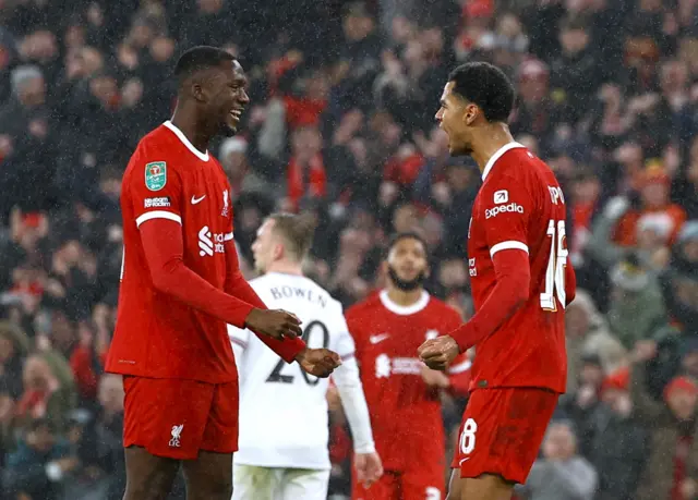 Cody Gakpo and Ibrahima Konate celebrate