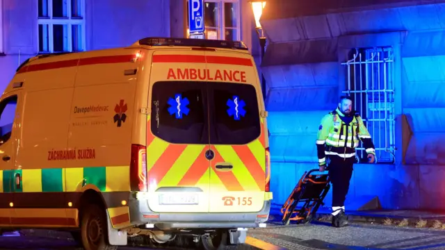 A member of the emergency service at the scene of a shooting at Charles University in central Prague, 21 December 2023.