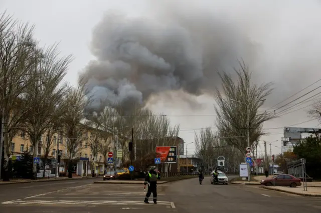 Smoke rising in Donetsk, in Russian-occupied Ukraine, after shelling on Thursday